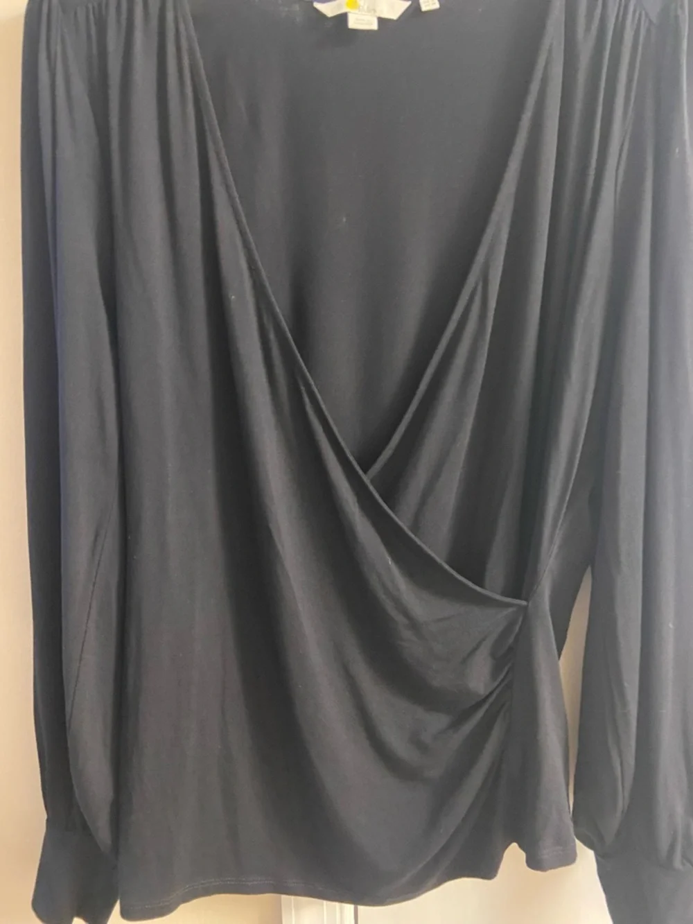 Boden Black Faux Wrap Blouse Puff Bishop Sleeves Size 14